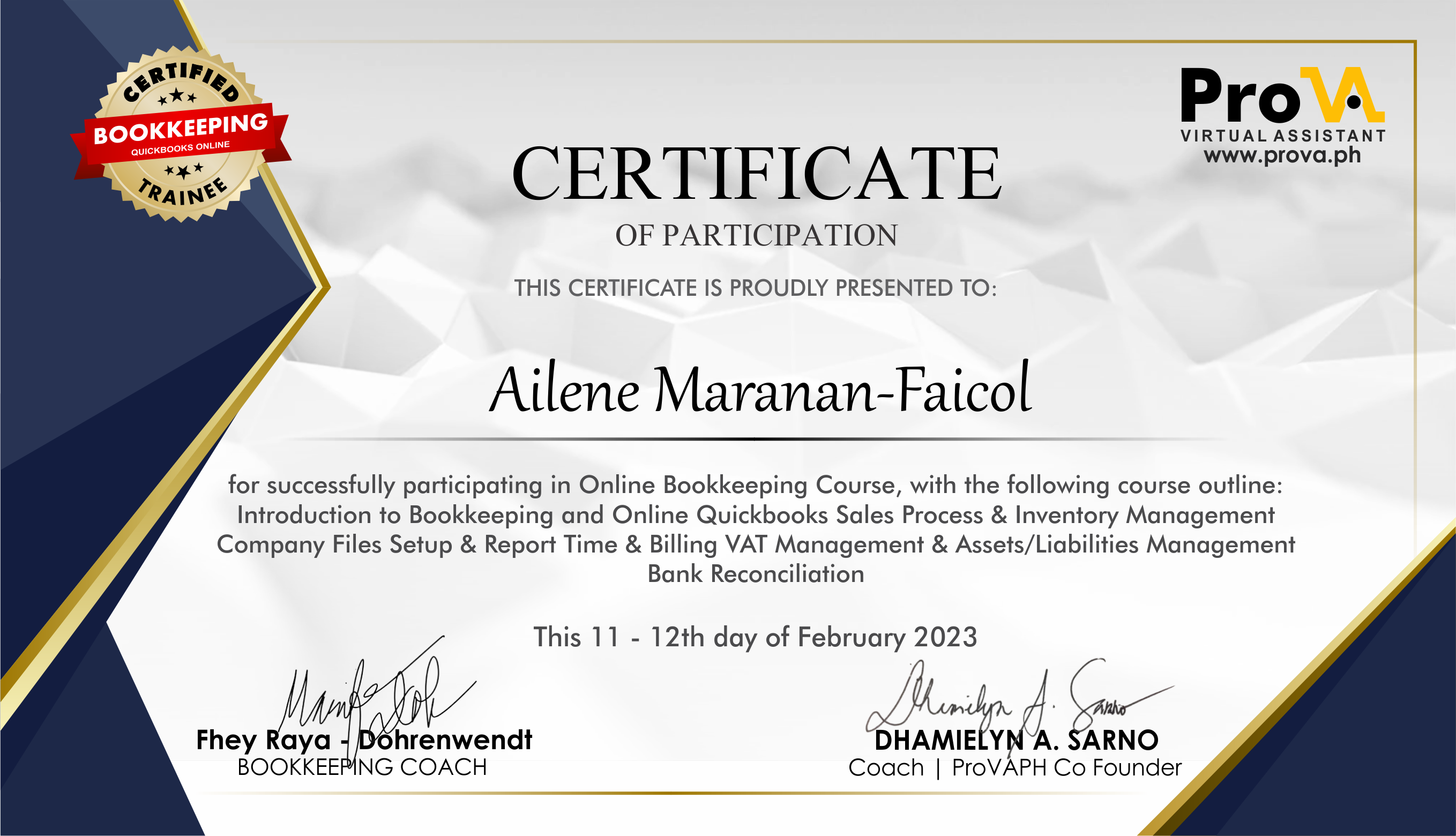 Bookkeeping Certificae