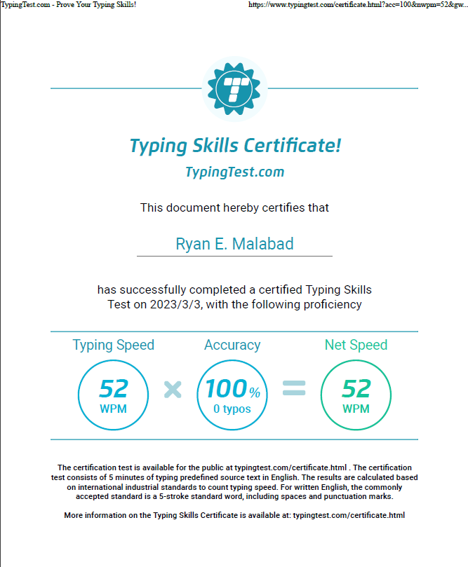 Typing Skills Certificate