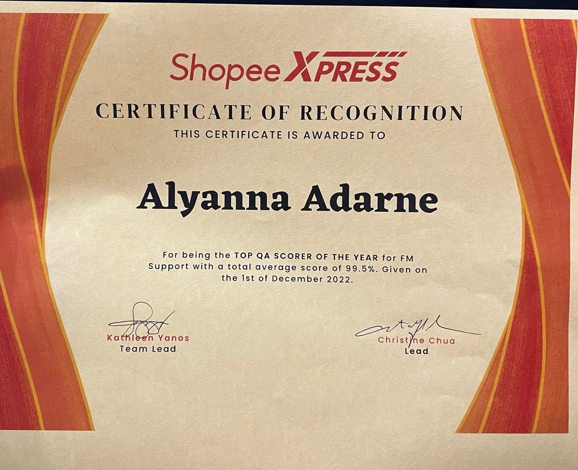 Shopee Express Top QA Scorer 2022