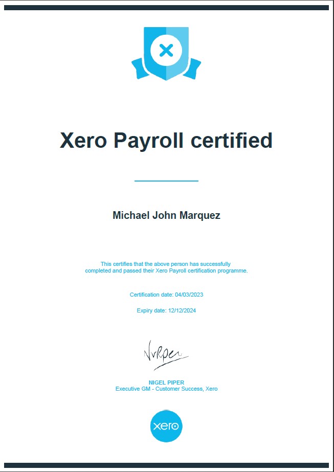 Xero Payroll Certificate