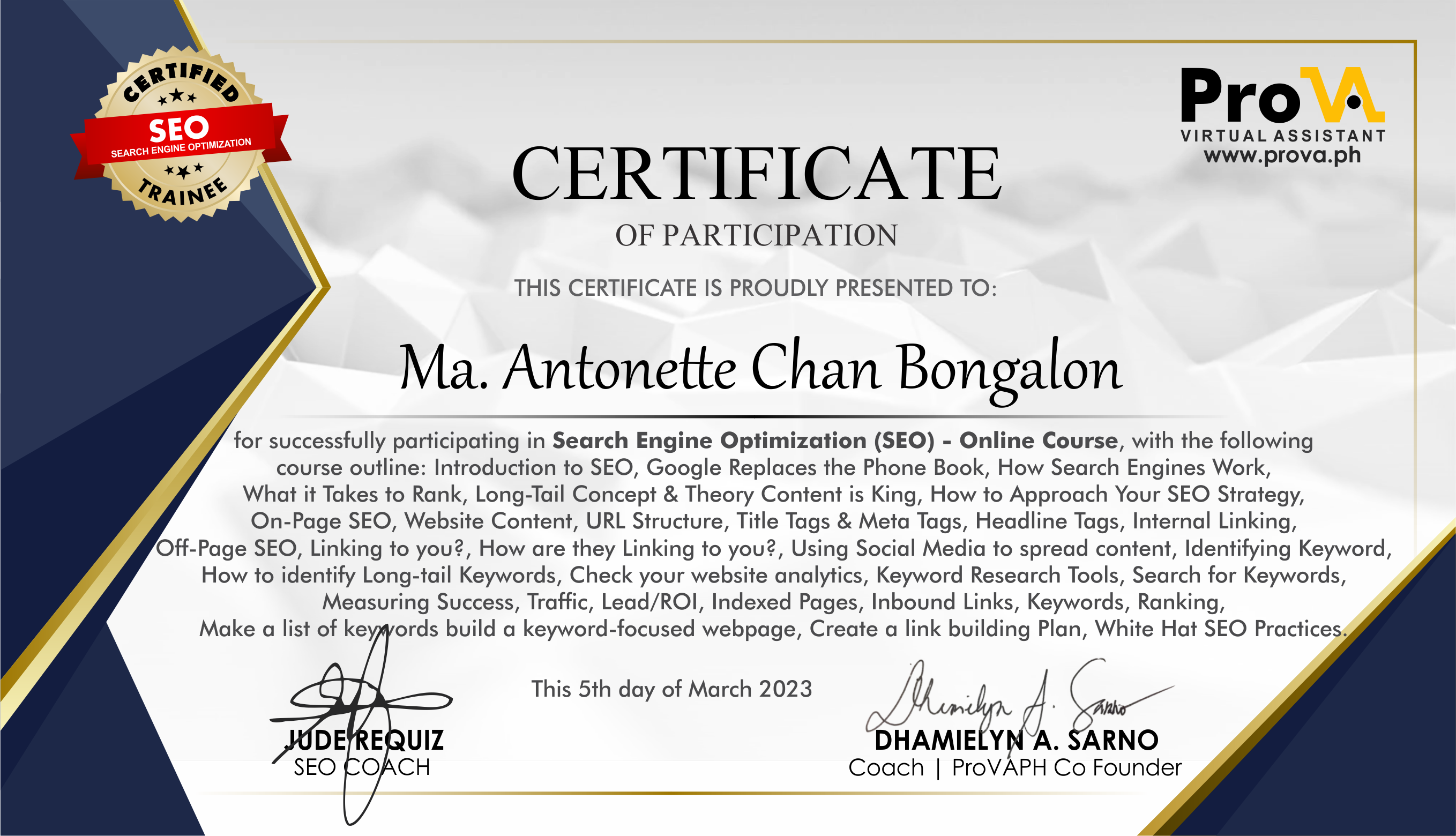 Certificate of Participation in SEO training