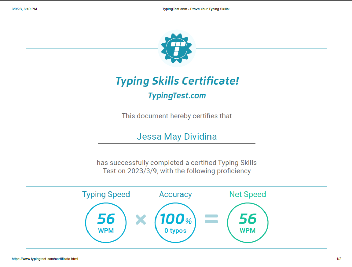 Typing Test Certificate