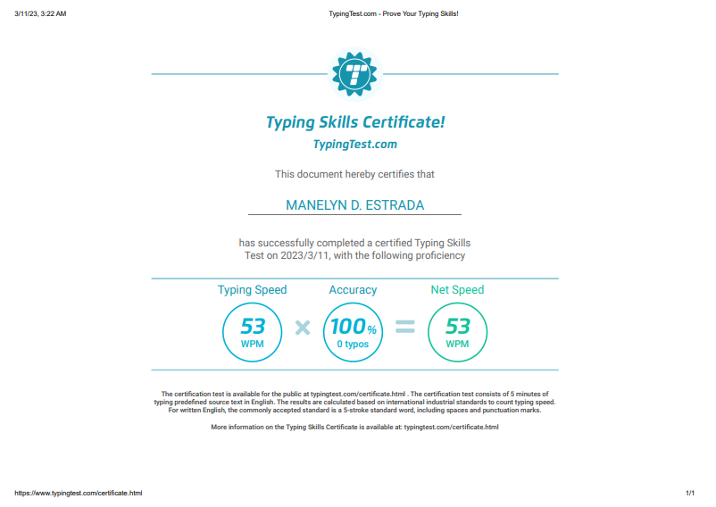 Typing Skills Certificate