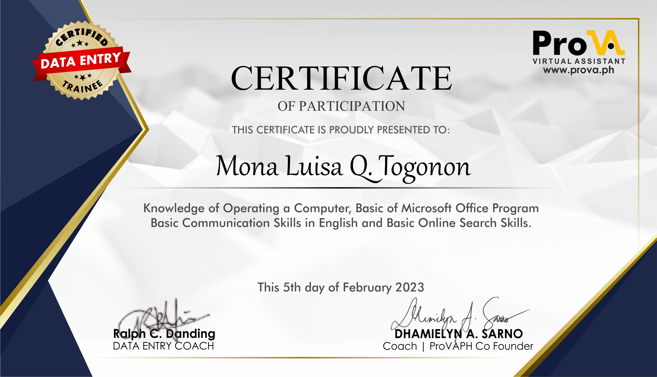 Data Entry Certificate