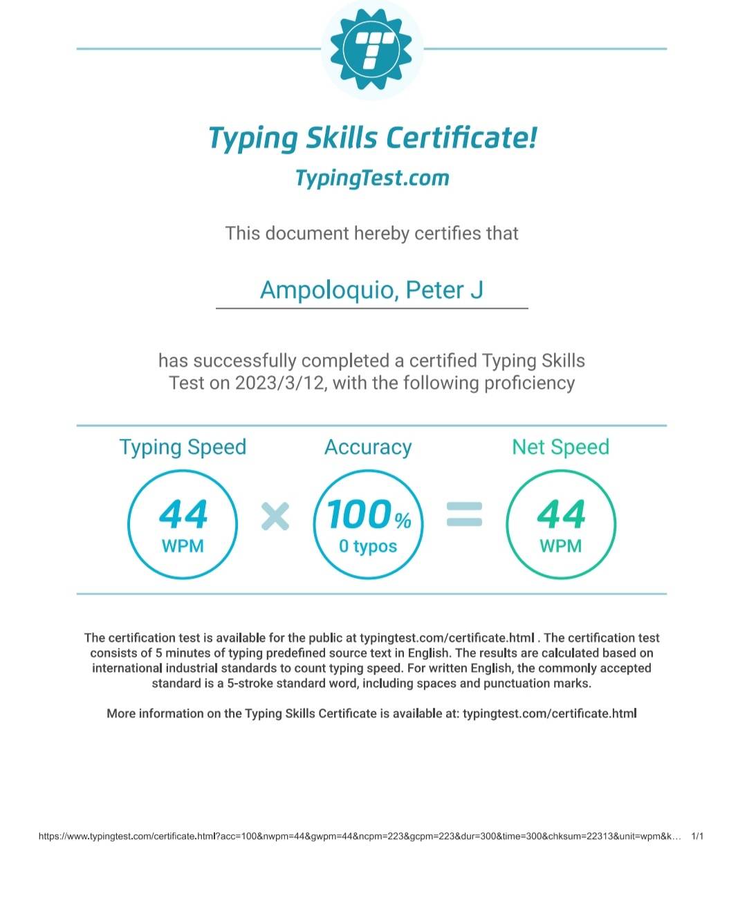 Typing Skills Certificate