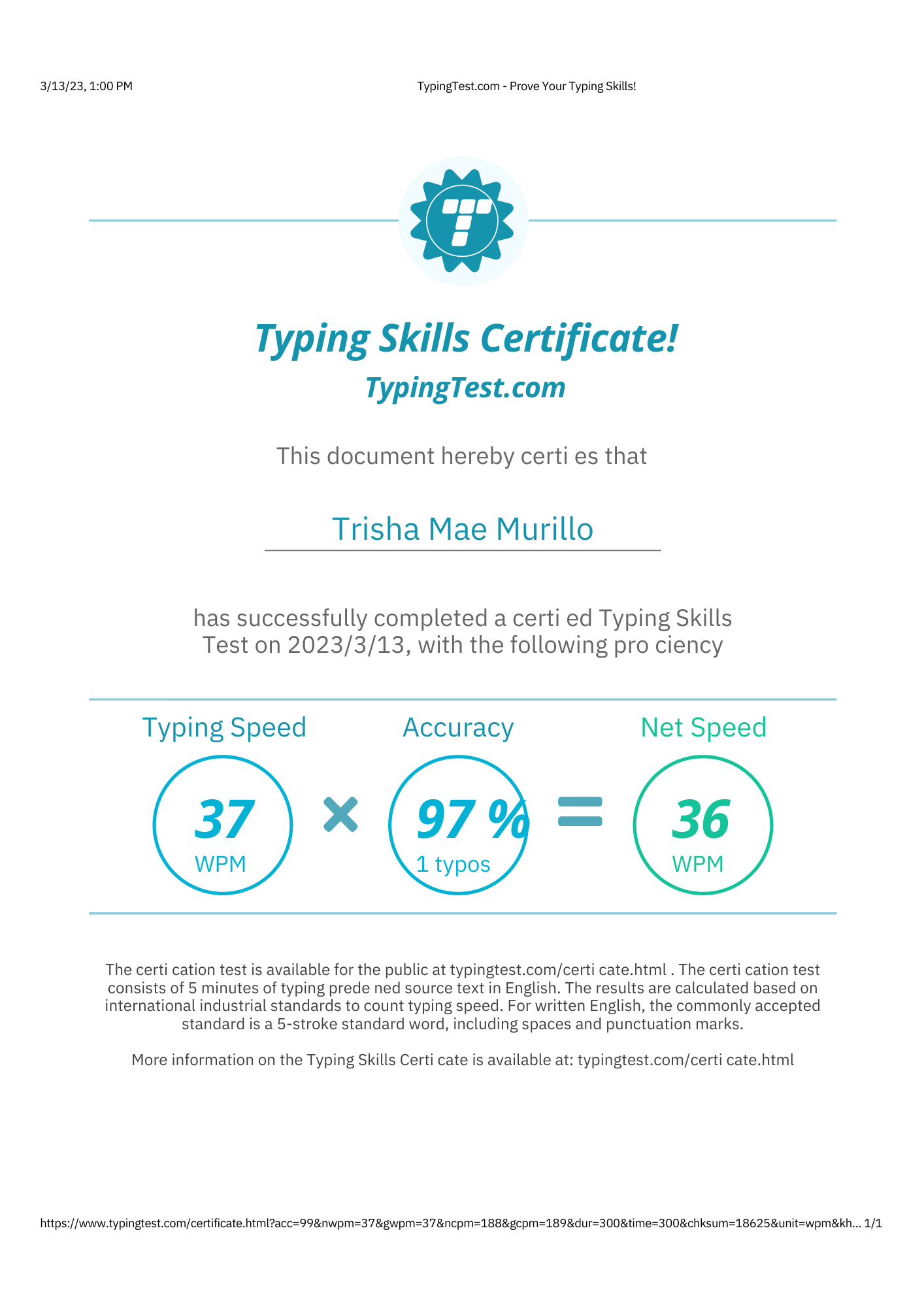 Typing Test Certificate