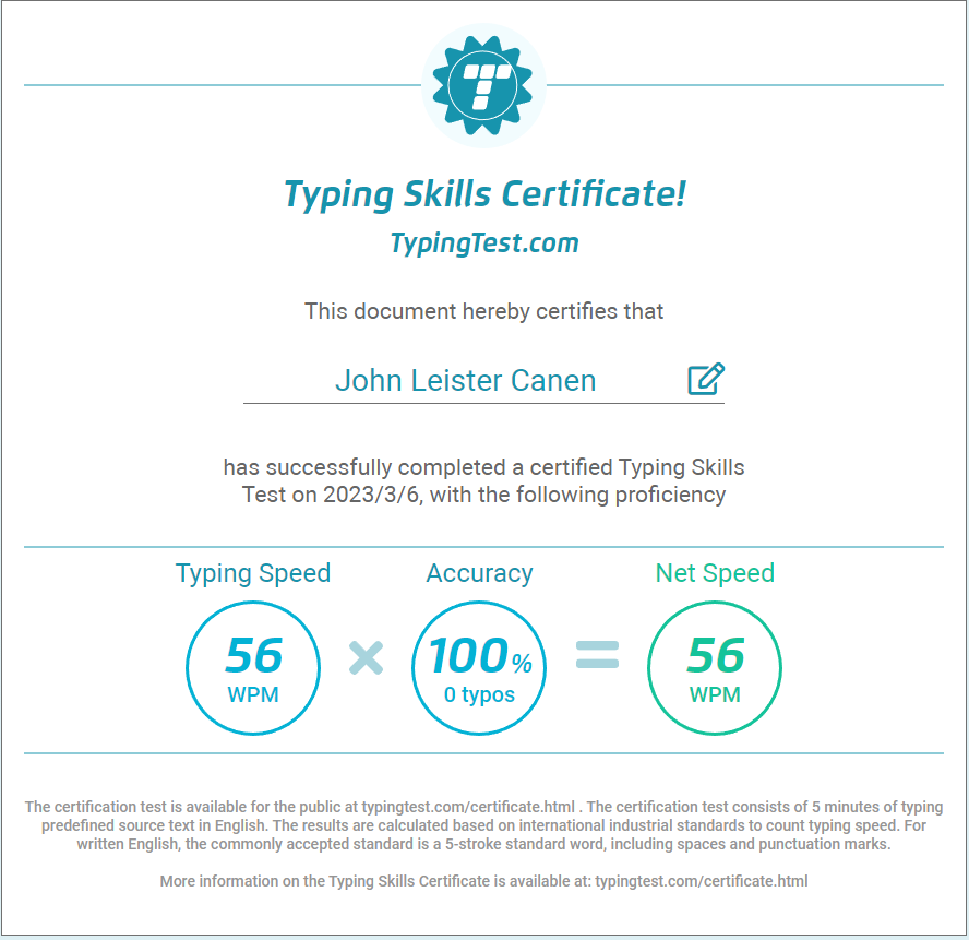 Typing test certificate