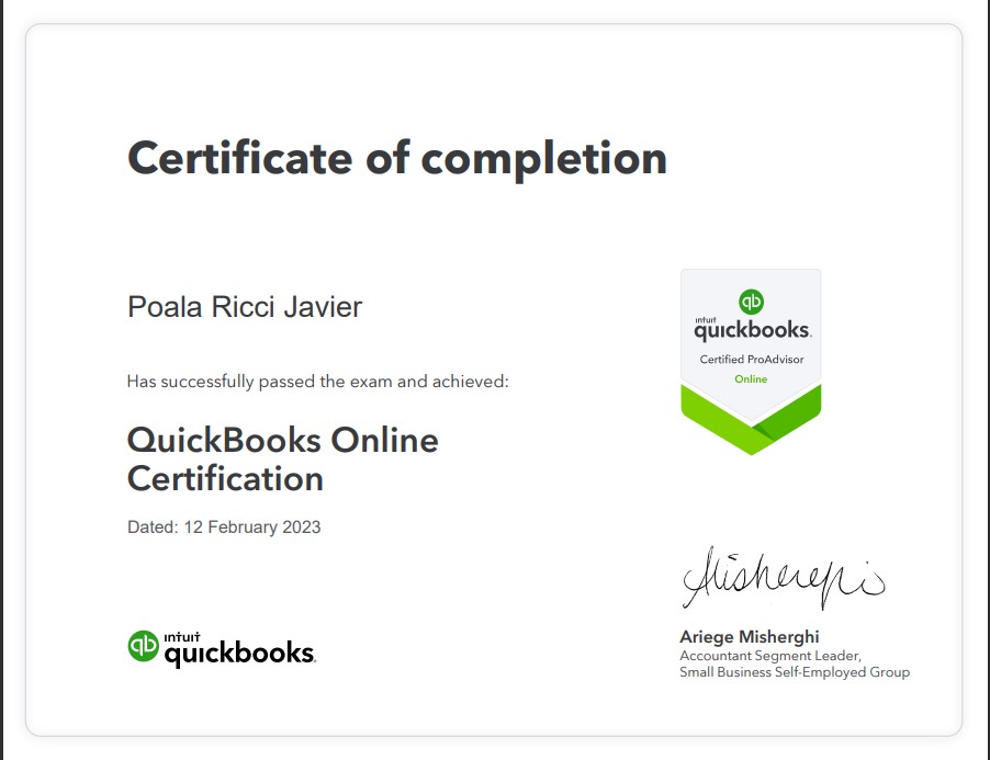 QUICKBOOKS ONLINE CERTIFIED PROADVISOR CERTIFICATE