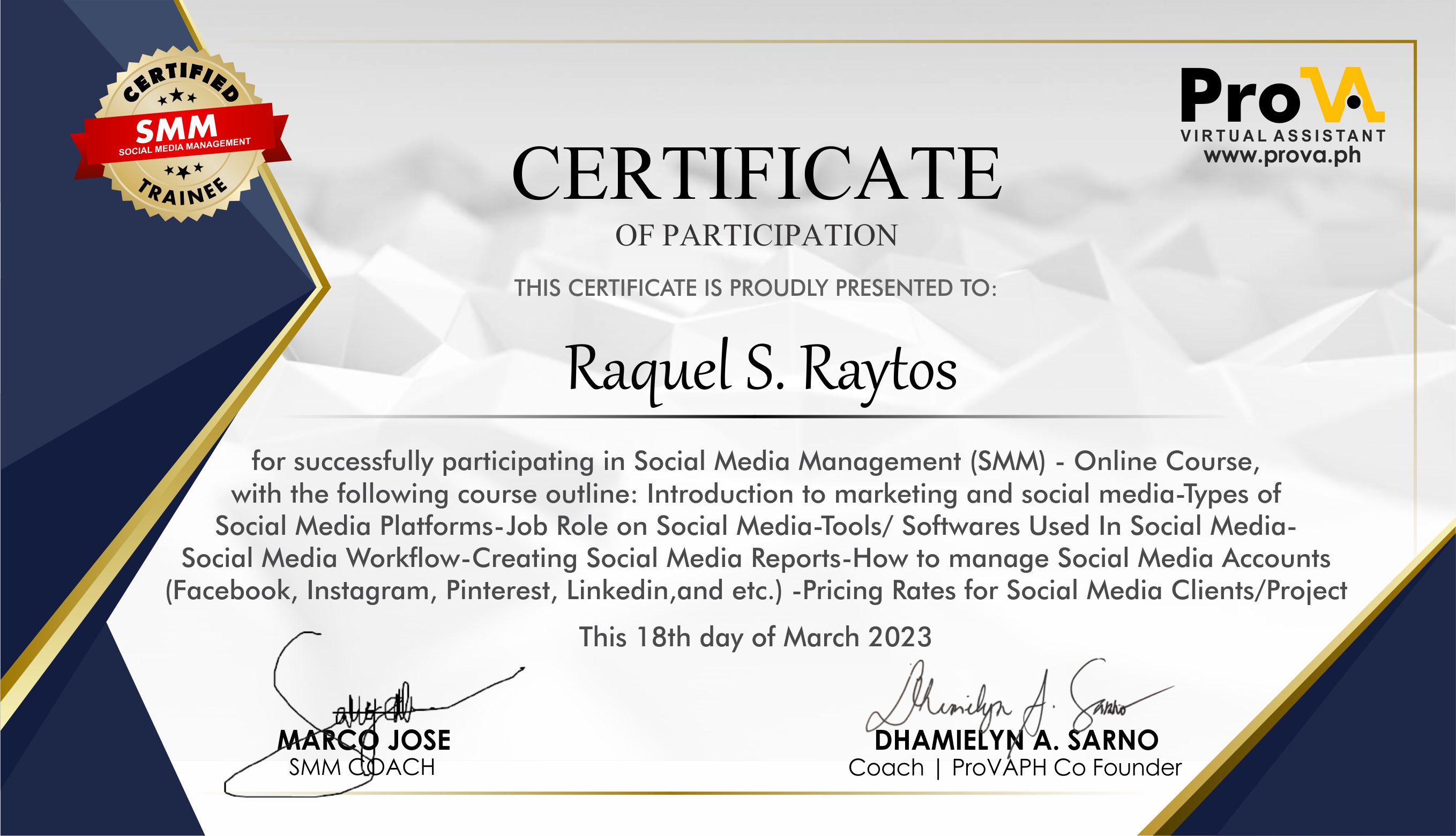 SMM-Online Course Certificate