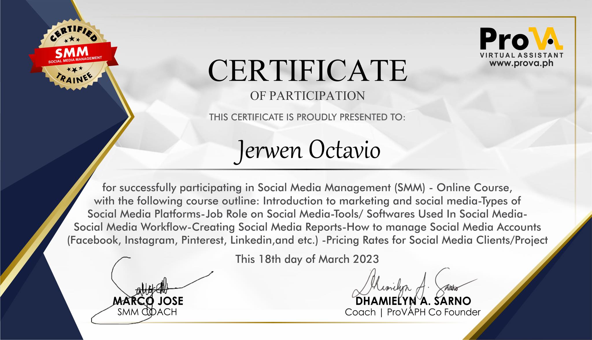 Social Media Management Training Certificate