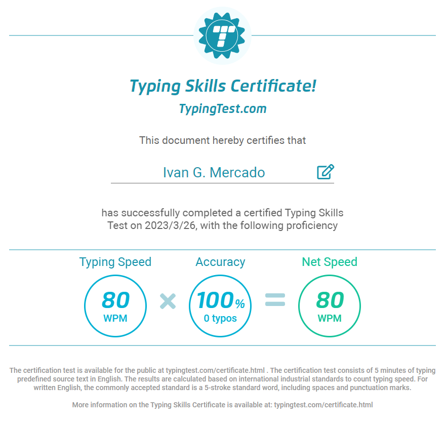 Typing Certificate