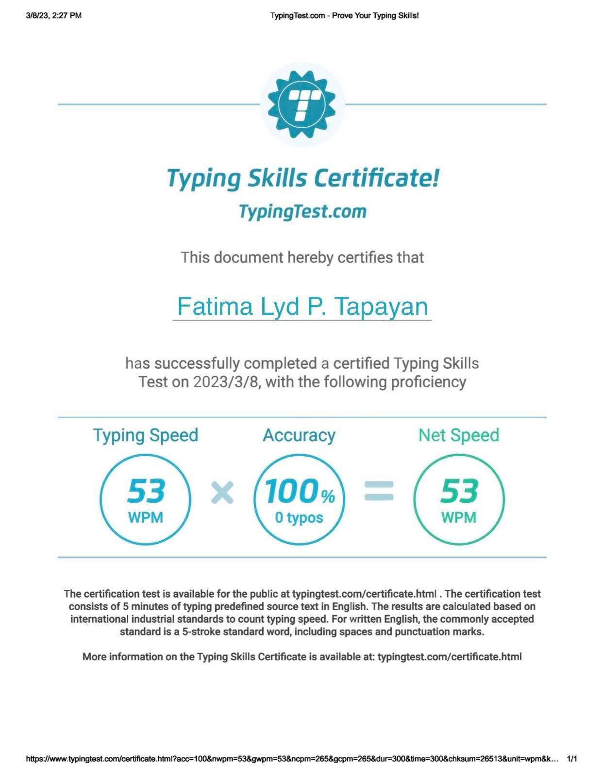 Typing Skills Certificate