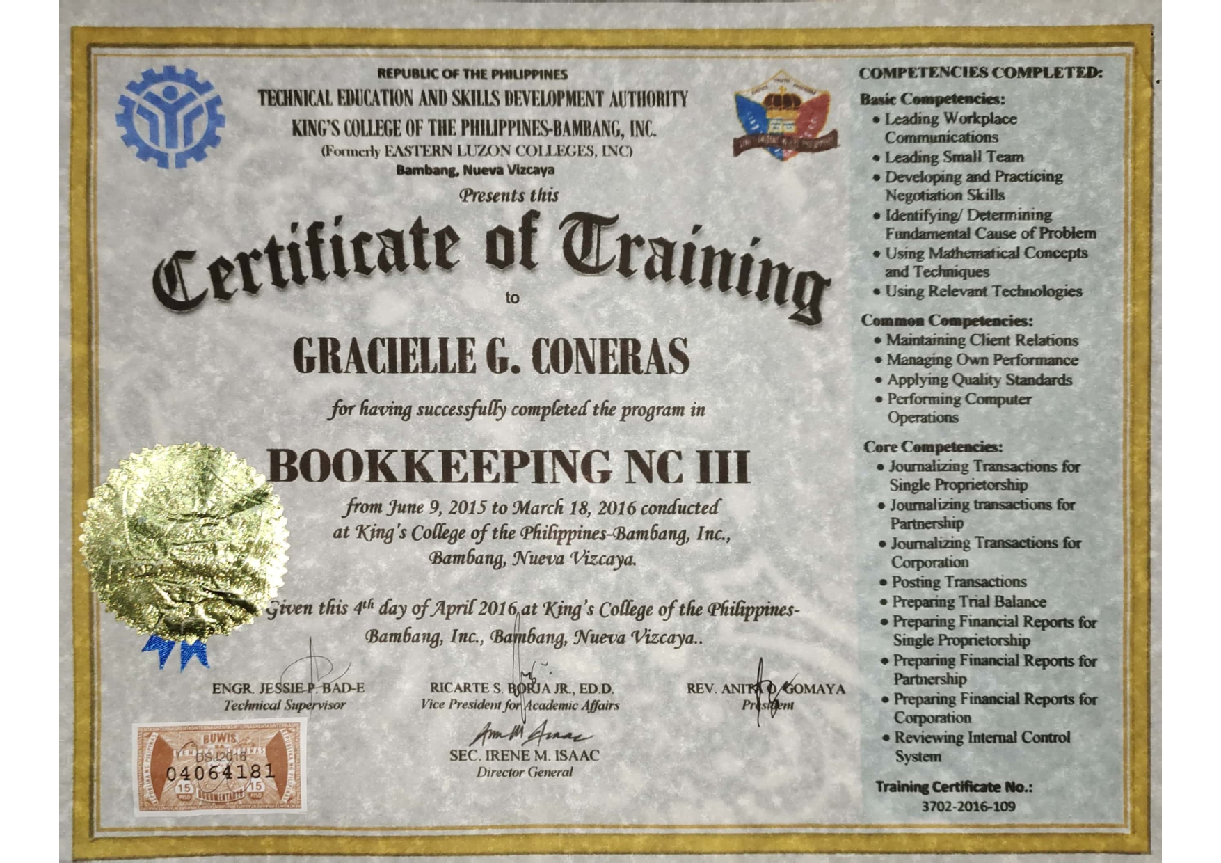 BOOKKEEPING NCIII CERTIFICATE