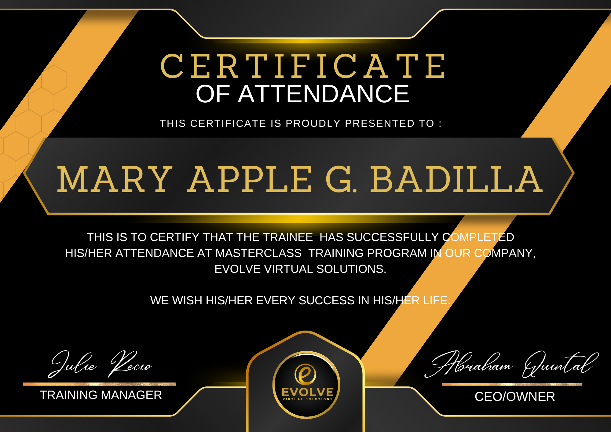 Certificate of Attendance at Masterclass Training for Virtual Assistant