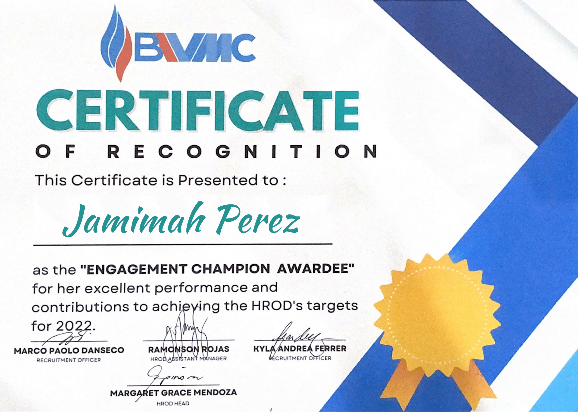 Engagement Awardee Certificate