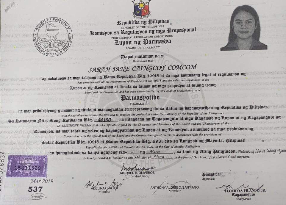 Board of Pharmacy Certificate