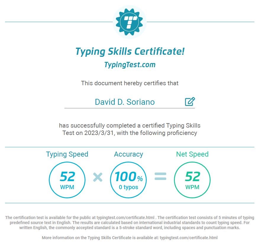 Typing Skills Certificate