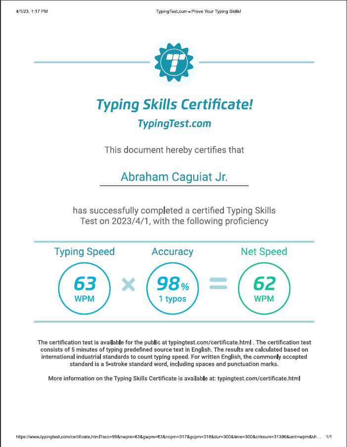 Typing Test Certificate