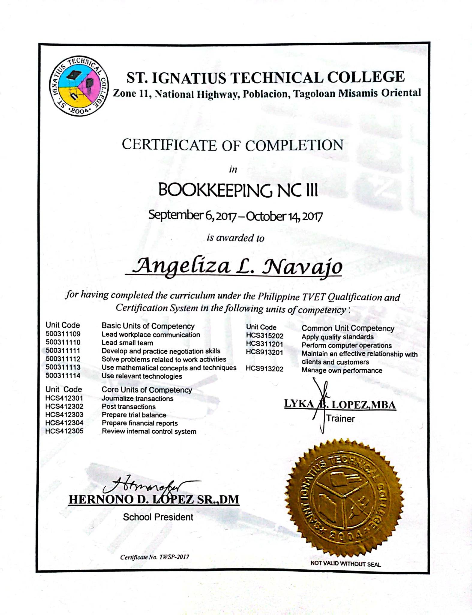 CERTIFICATE OF COMPLETION