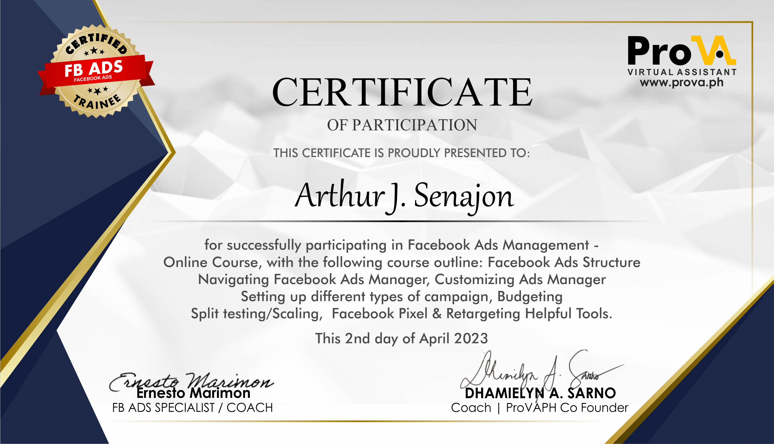 FACEBOOK ADS IN-DEPTH TRAINING Certificate