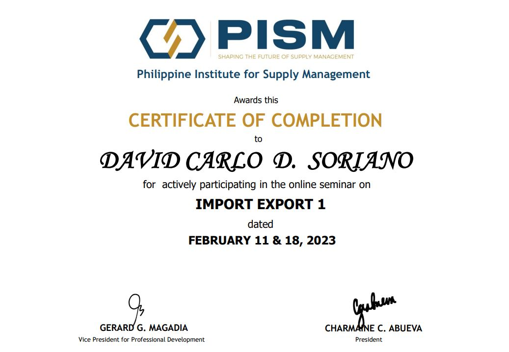 PISM Certificate (Import & Export)