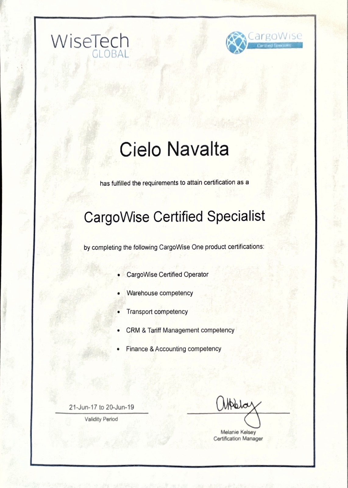 Cargowise Certificate