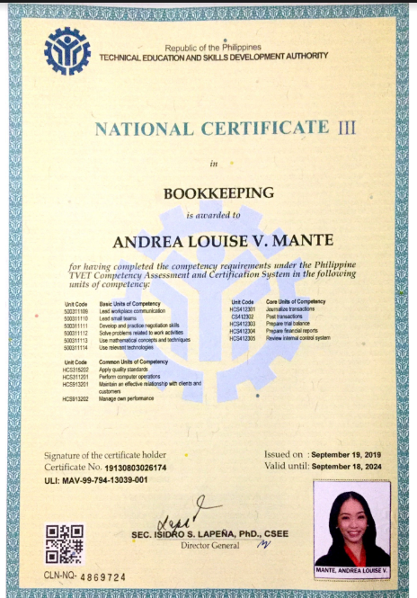 Bookkeeper Certificate