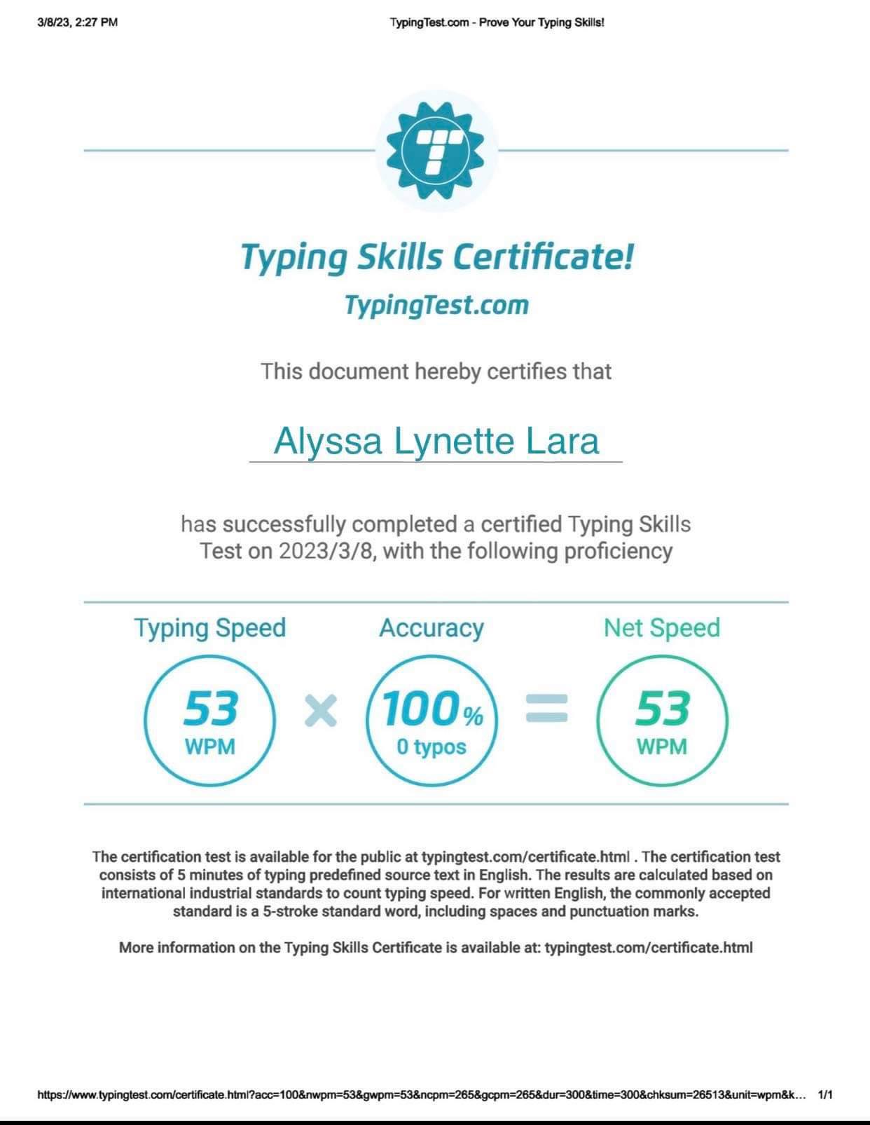 Typing Certificate
