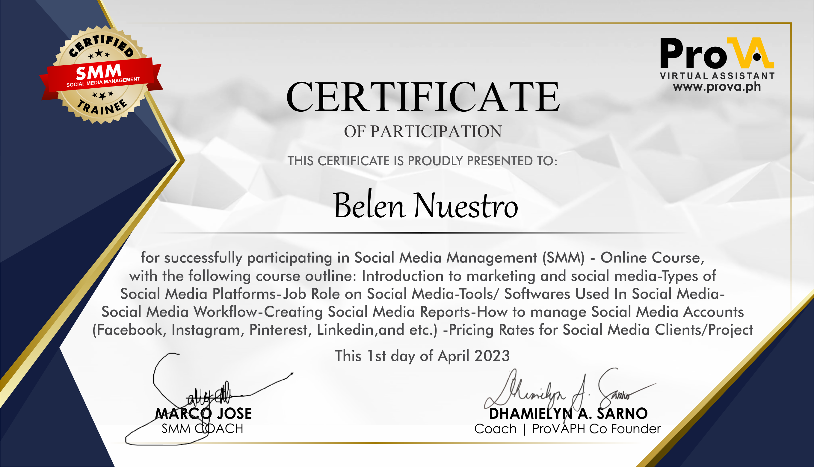 SOCIAL MEDIA MANAGEMENT CERT. 2023