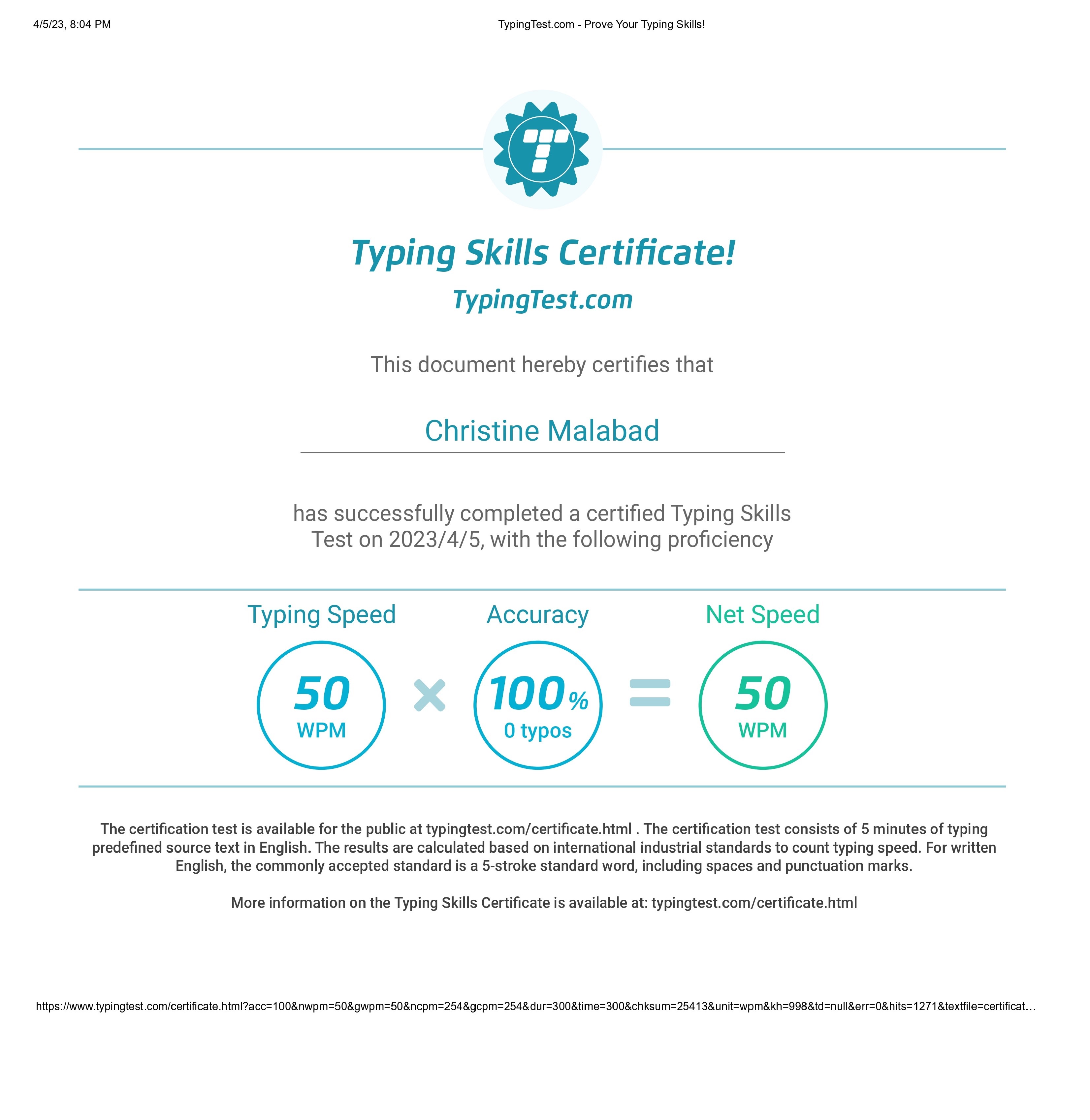 Typing Skills Certificate