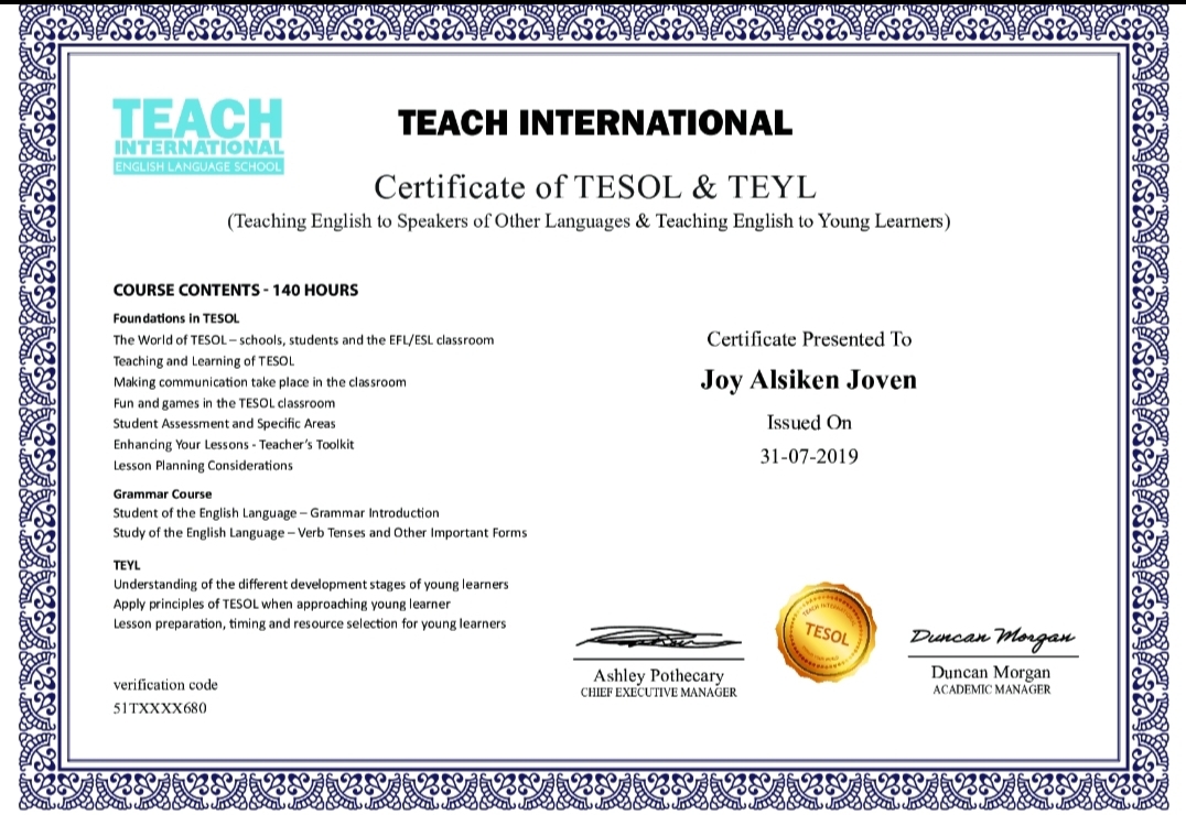 Certificate of TESOL and TEYL