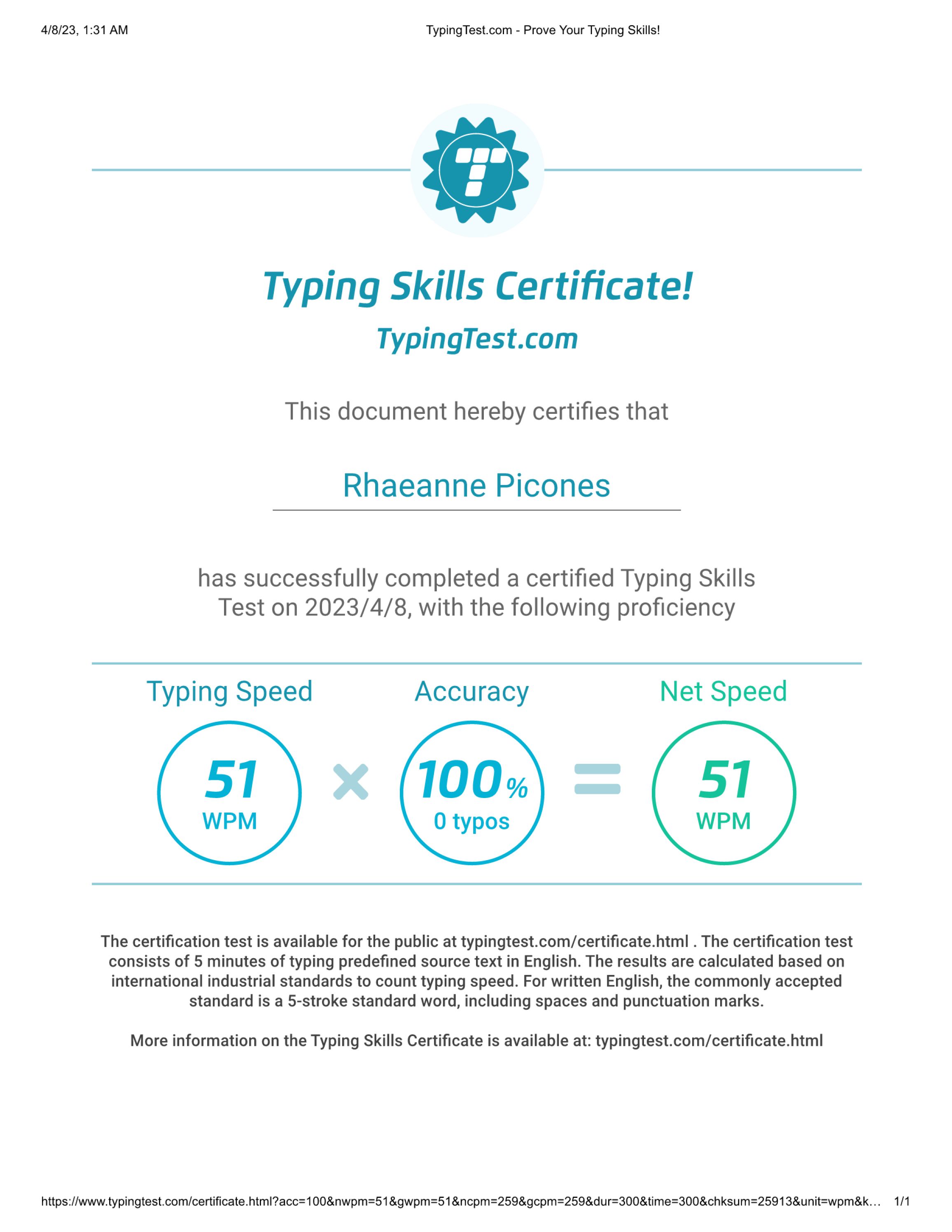 Typing Certificate