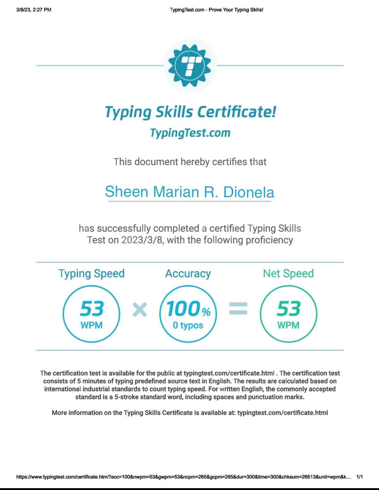 Typing Test Certificate