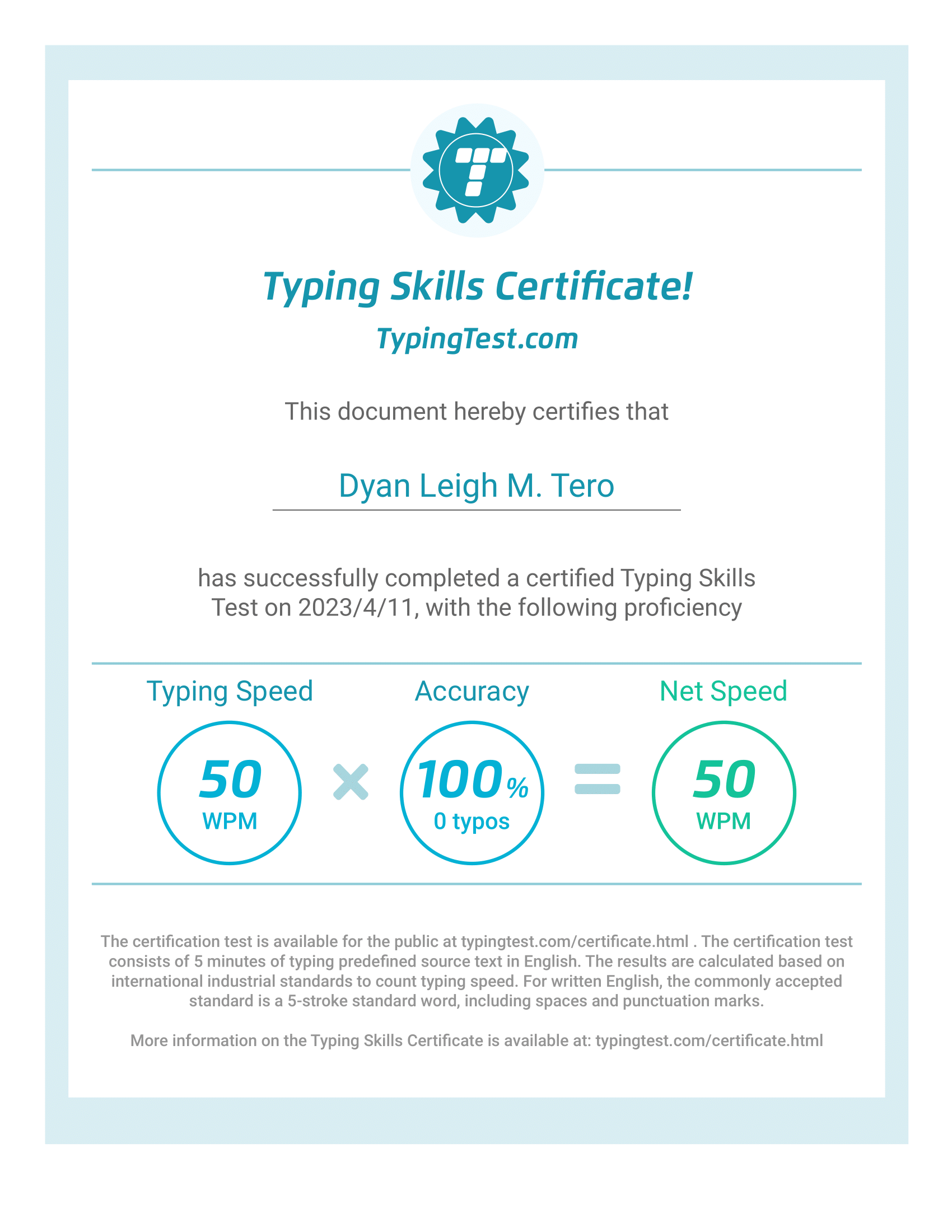 Typing Test Certificate