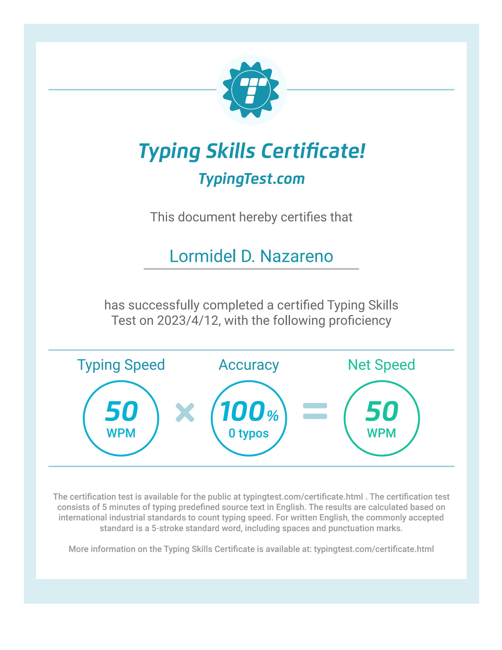 Typing Skills Certificate