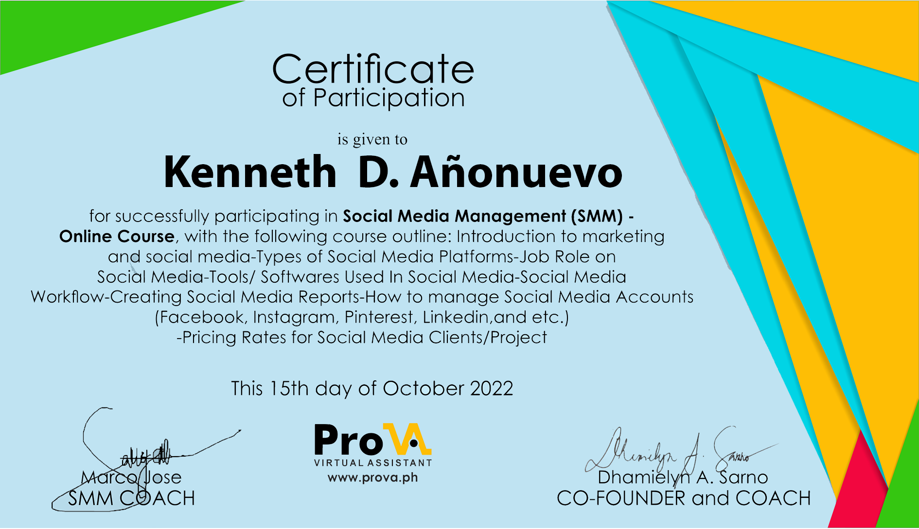 SMM Certificate