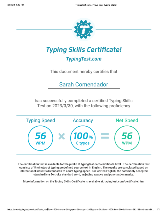 Typing Test Certificate