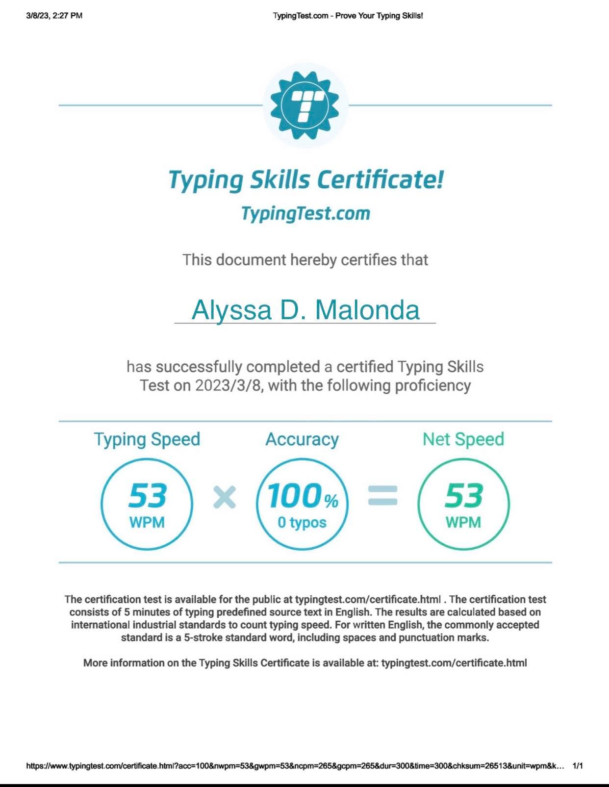 Typing Skills Certificate