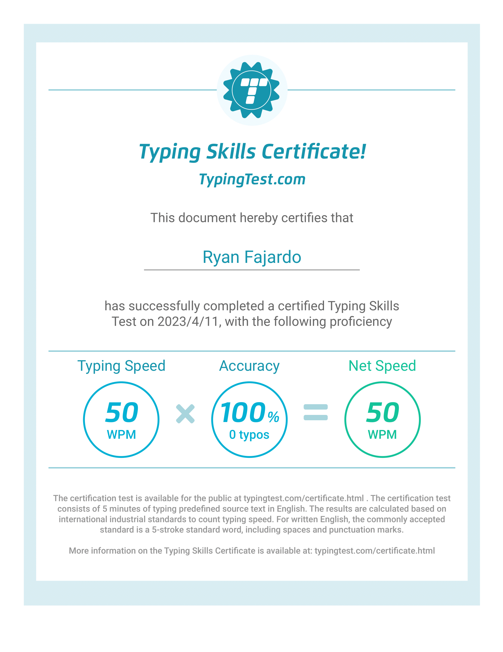 Typing Skills Certificate