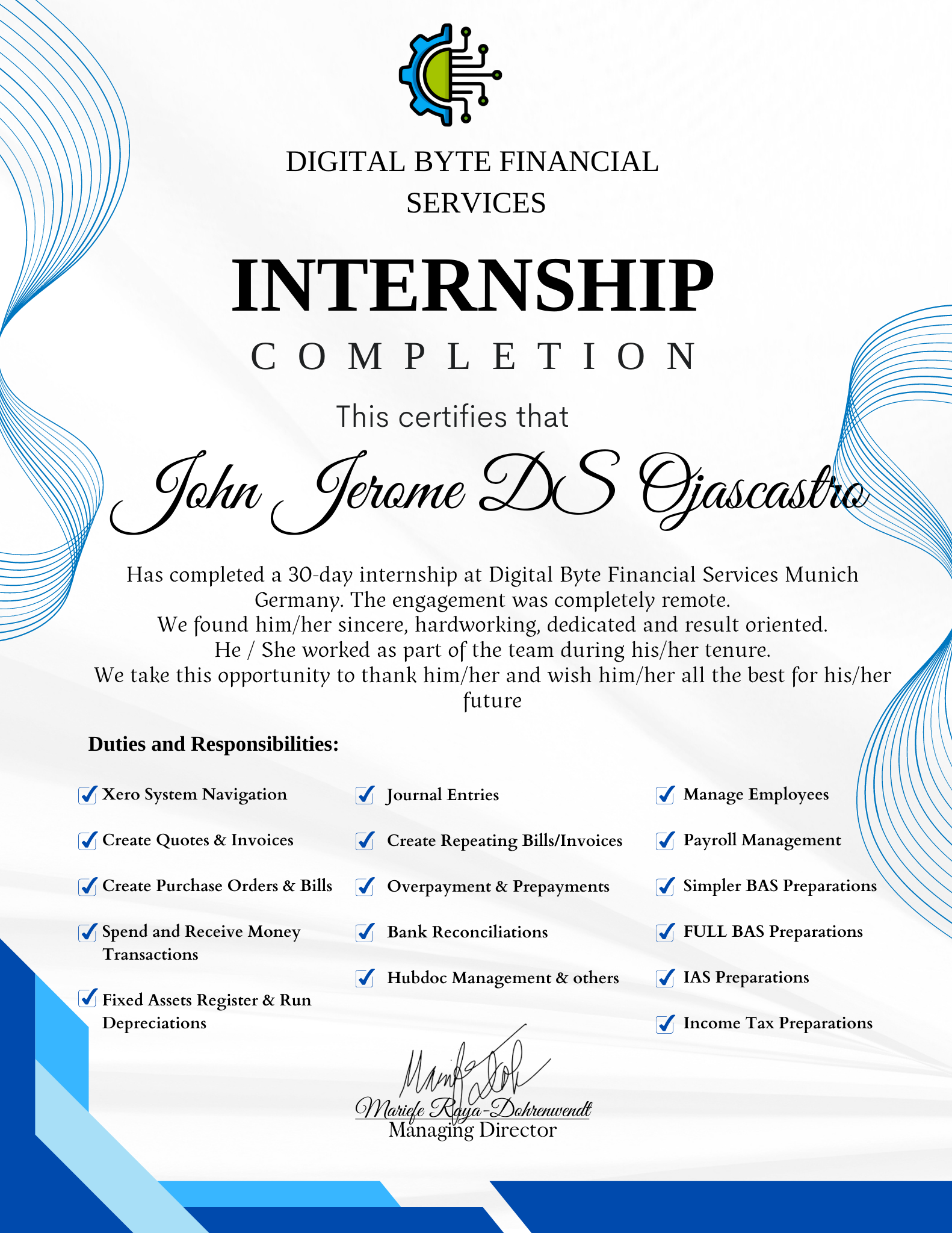 XERO Internship Certificate