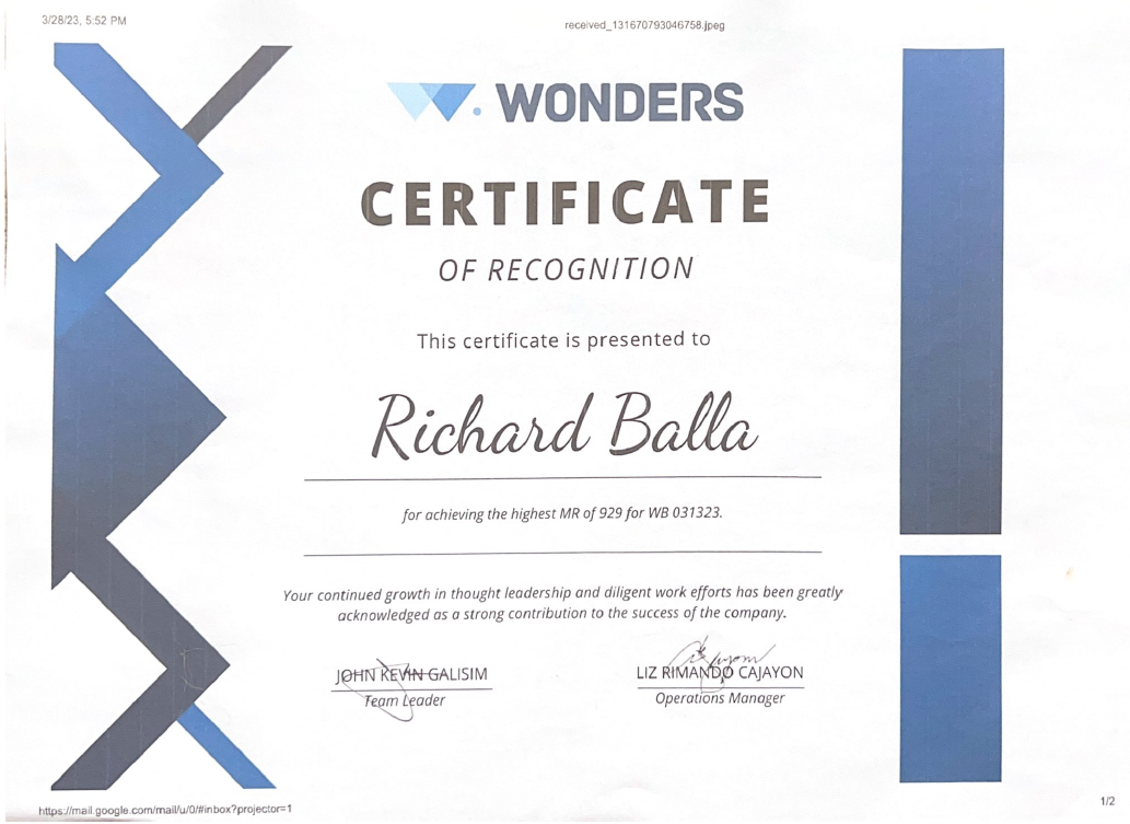 Wonder Certificate