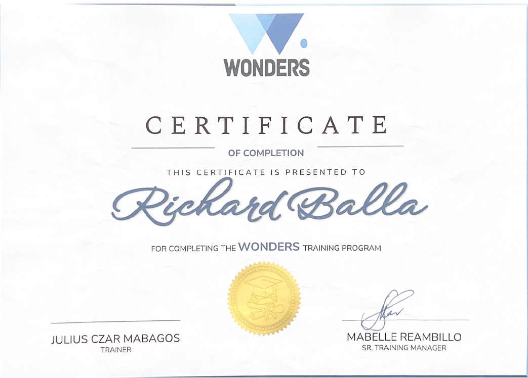 Wonders Certificate