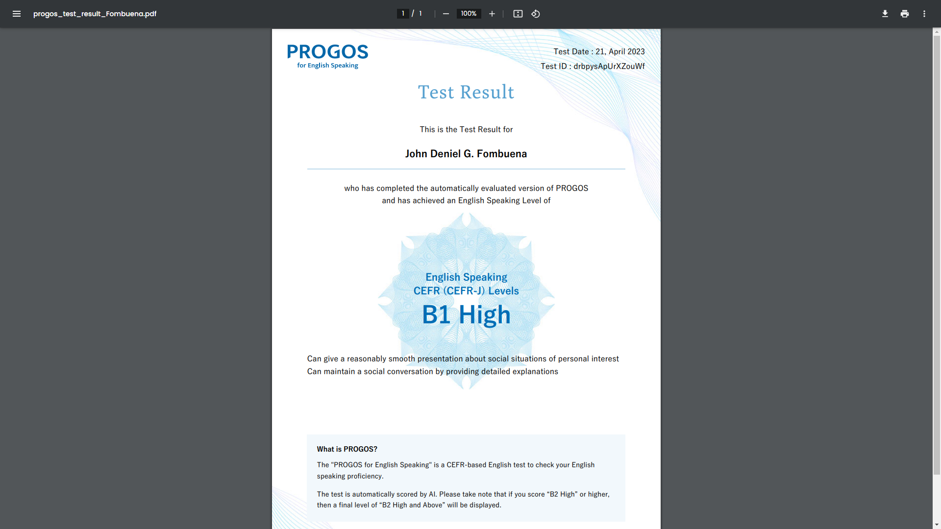 PROGOS Test Result