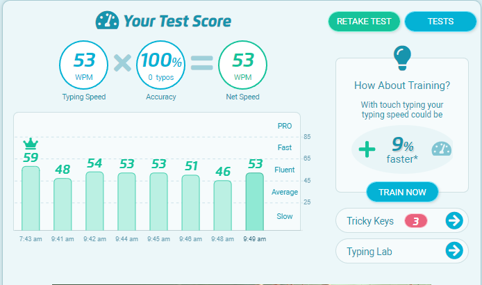 1 minute Typing Test result
