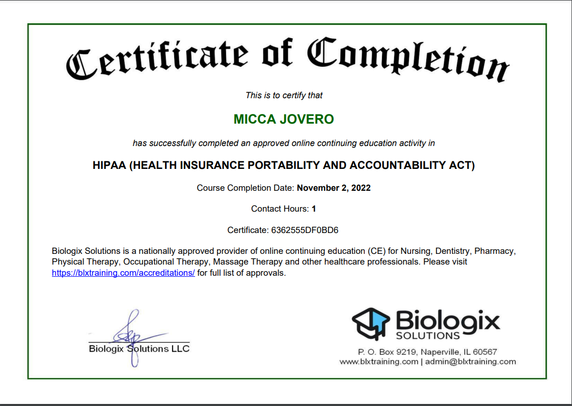 HIPAA CERTIFICATION