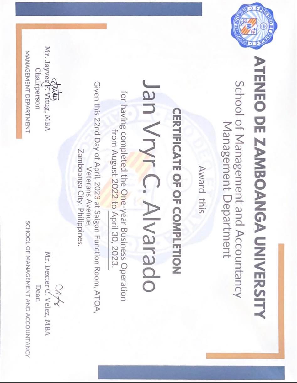 1 YEAR BUSINESS OPERATION CERTIFICATE