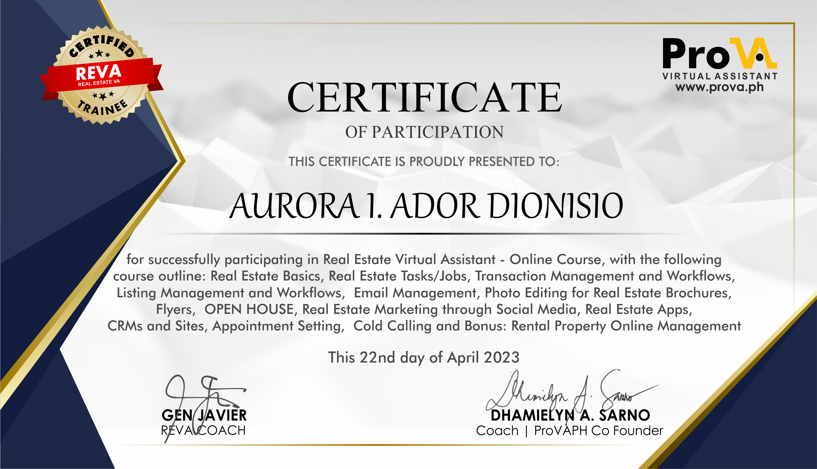 REAL ESTATE VIRTUAL ASSISTANT IN DEPTH TRAINING CERTIFICATE