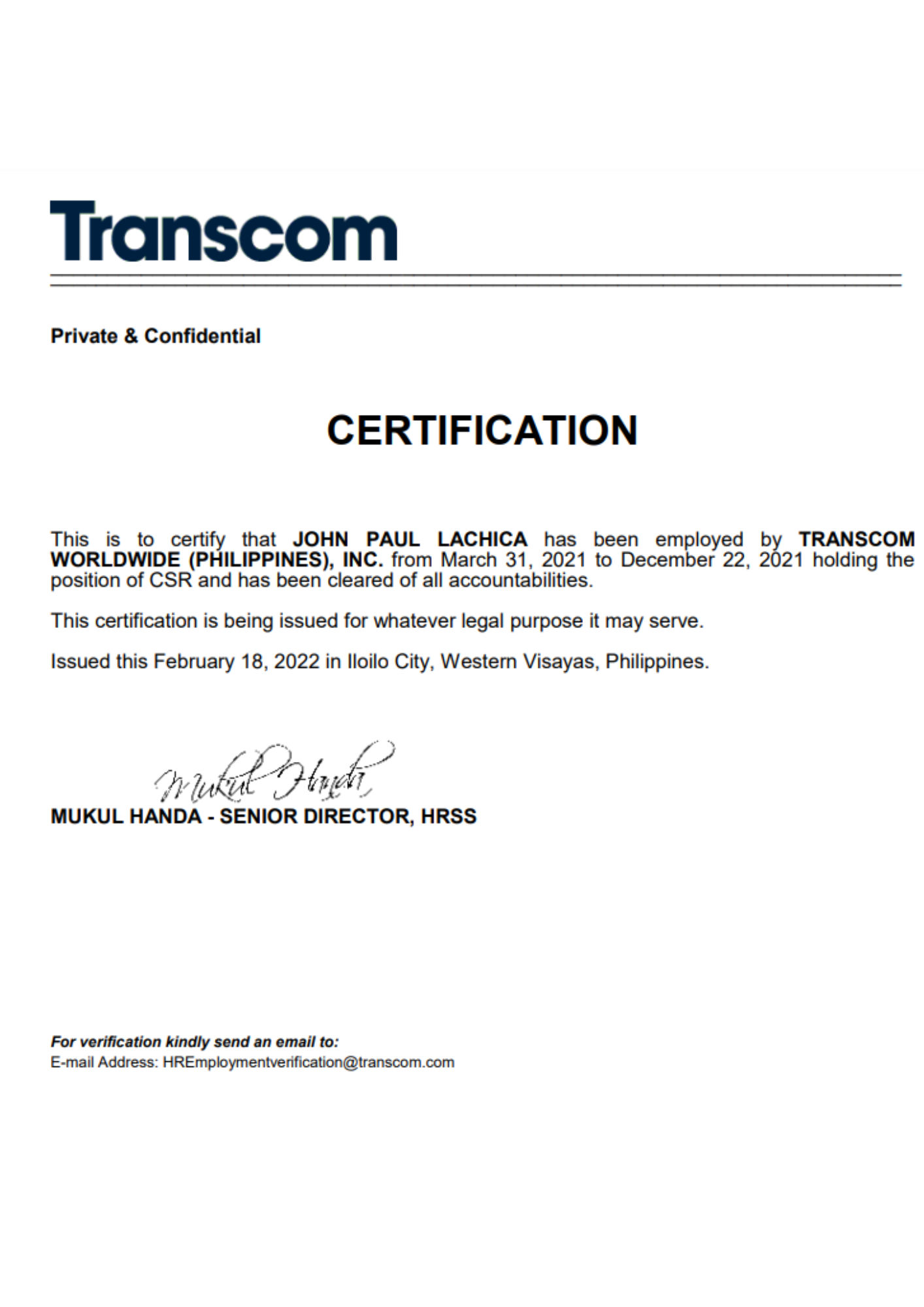 Certificate in Transcom