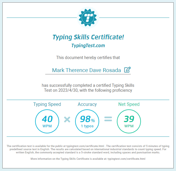 5 mins Typing  Test Certificate