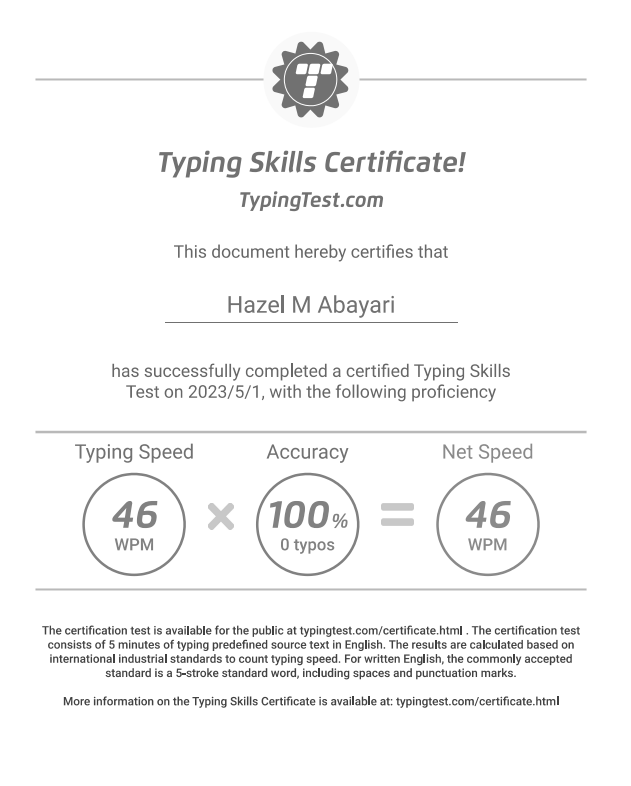 Certificate for Typing Skills